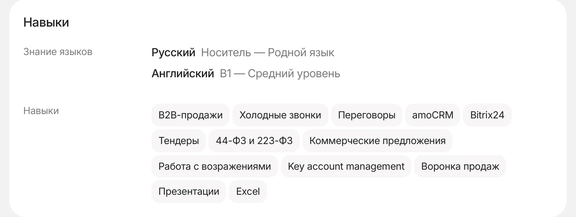 Пример раздела навыков в резюме менеджера по продажам: языки с уровнем и 14 профессиональных навыков