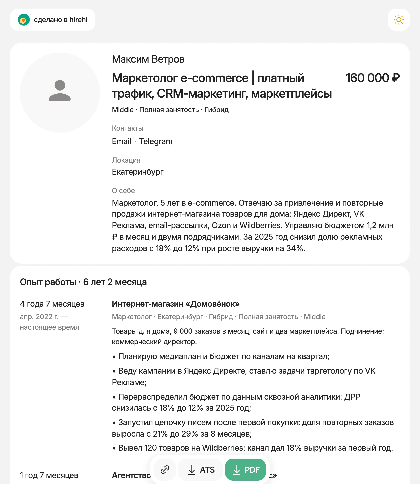 Готовое резюме маркетолога на HireHi