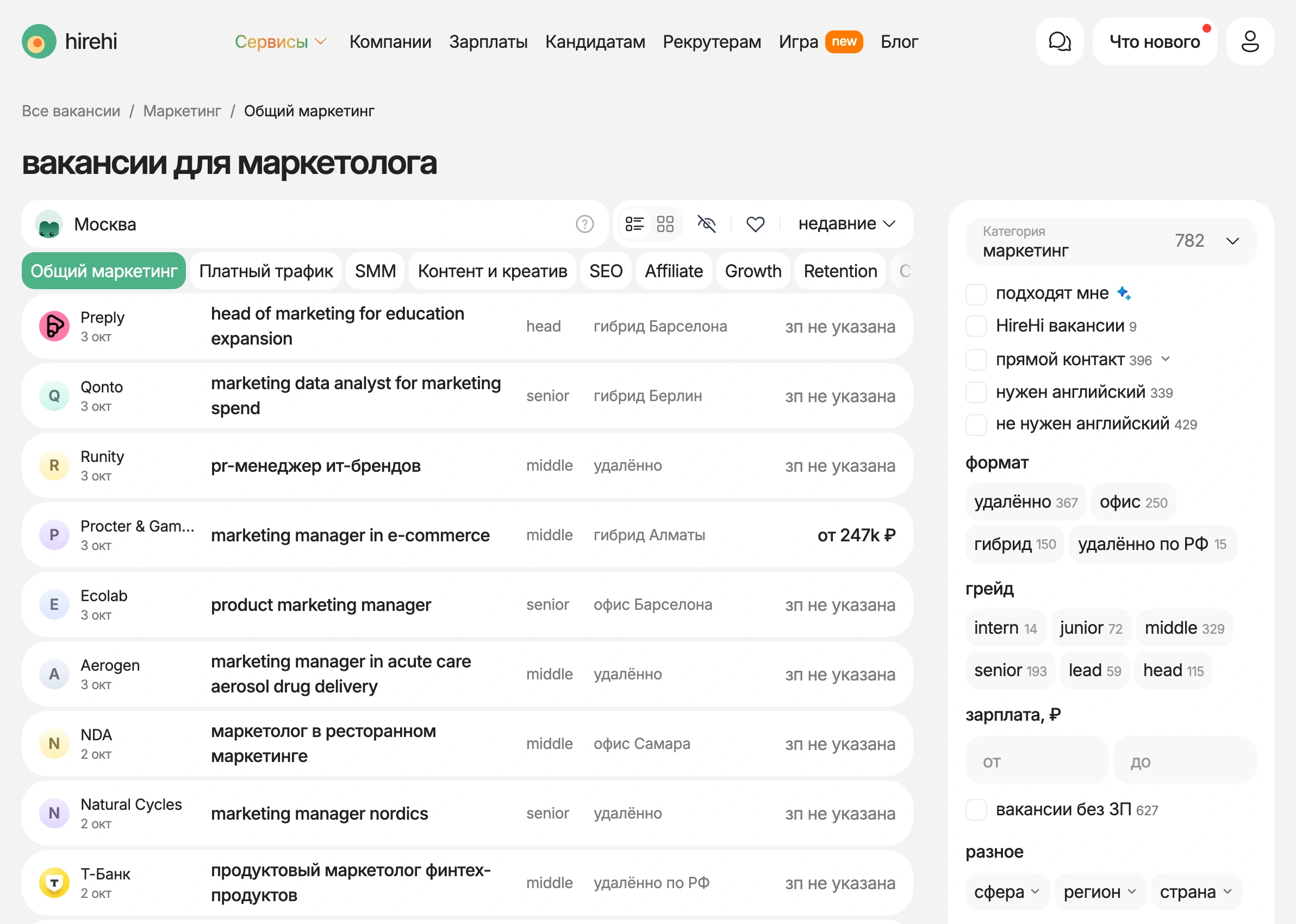 Лента вакансий маркетологов на HireHi с фильтрами
